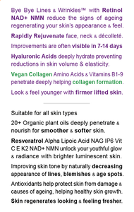 "Bye Bye Lines & Wrinkles" EVENING - Face & Skin Rejuvenation - Smooth & Soften, Lift & Tighten, NAD+ NMN Retinol Hyaluronic Acid Aloe Vera