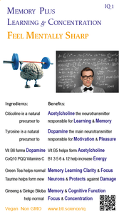 IQ1 Memory Plus Learning - Feel Sharp - Clarity & Concentration - Cognition & Study Aid