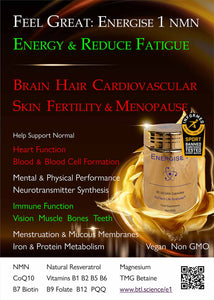 FEEL GREAT Energise 1 NMN Resveratrol CoQ10 Magnesium PQQ & B-Complex :  Increase Energy, Fertility Brain Heart & Immune Function + Hair Skin & Menopause